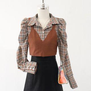 Plain Cropped Vest / Plaid Button-up Shirt