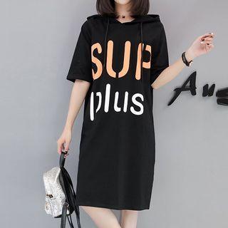 Hood Lettering Elbow-sleeve T-shirt Dress