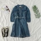 Side-pocket Washed Denim Playsuit With Belt As Shown In Figure - One Size