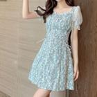 Short-sleeve Floral Lace-up Mini A-line Dress