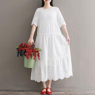 Set: Eyelet Lace Elbow-sleeve A-line Midi Dress + Strappy Dress