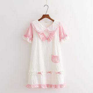 Short-sleeve Frill-trim Two-tone Dress