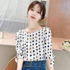 Dotted Elbow-sleeve Tie-cuff Blouse