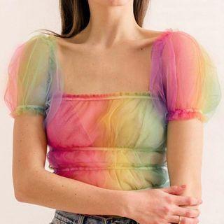 Color Panel Puff-sleeve Mesh Cropped Top