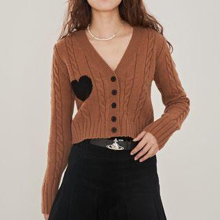Long-sleeve V-neck Plain Heart Cardigan