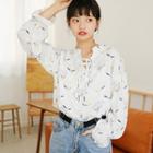 Lace-up Printed Chiffon Blouse As Shown In Figure - One Size