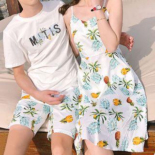 Couple Matching Short-sleeve T-shirt / Pineapple Print Spaghetti Strap A-line Dress