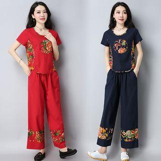 Ethnic Short-sleeve Round-neck Top + Pants Set