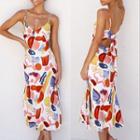 Spaghetti Strap V-neck Pattern Print Slit Midi Dress