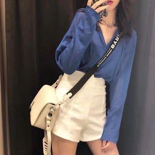 Set: Hooded V-neck Long-sleeve T-shirt + High-waist Shorts