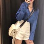 Set: Hooded V-neck Long-sleeve T-shirt + High-waist Shorts