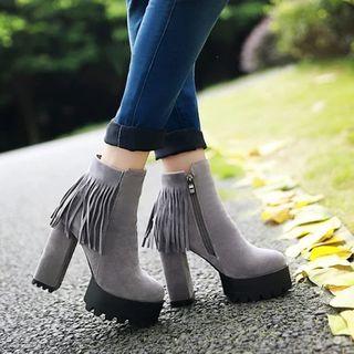 Platform Block Heel Fringe Short Boots