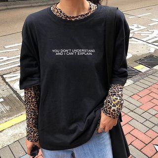 Set: Leopard Print Long-sleeve T-shirt +short-sleeve Lettering T-shirt