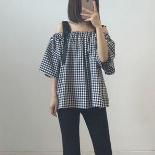 Elbow-sleeve Cutout Plaid Top