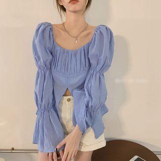 Long-sleeve Puff-sleeve Shirt Blue - One Size