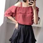 Frilled Elbow-sleeve One-shoulder Chiffon Top
