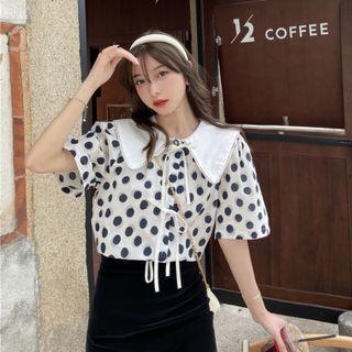 Peter Pan Collar Panel Dots Short-sleeve Top
