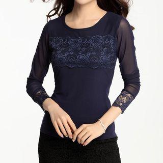 Mesh Panel Long-sleeve Lace Top