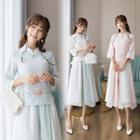 3/4-sleeve Embroidered Qipao Top / Midi A-line Skirt / Set
