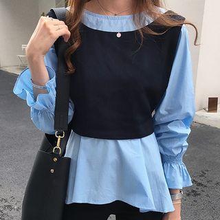 Set: Flared-cuff Blouse + Lace-up Back Vest