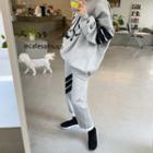 Set: Printed Fleece-lined Oversized Sweatshirt + Sweatpants Gray - One Size