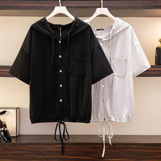 Short Sleeve Drawstring Hem Button-up Hoodie