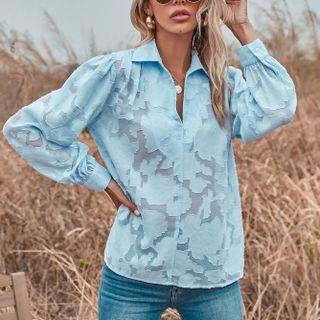 Printed Long-sleeve Plain Chiffon Blouse