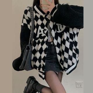 Embroidered Diamond Pattern Fleece Baseball Jacket Black - One Size