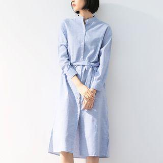 Pinstriped Tie-waist Midi Shirtdress