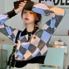 Polo Long-sleeve Color Block Argyle Knit Cropped Top