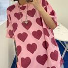 Elbow-sleeve Heart Print T-shirt Pink - One Size