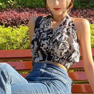 Sleeveless Halter Neck Print Top