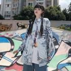Front Pocket Printed Long-sleeve Button-down Shirt Blue - One Size