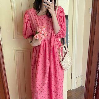 Puff-sleeve Heart Print Midi Smock Dress