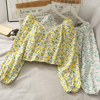 Wide-neck Lace-trim Floral Top