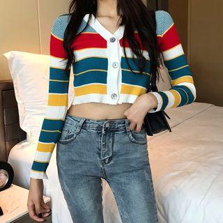 V-neck Rainbow Cropped Knit Cardigan