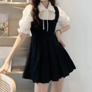 Long-sleeve Collared Shirt + Overall Dress