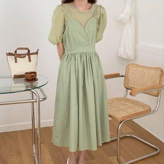 Puff-sleeve Top / Midi A-line Pinafore Dress