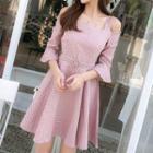 Cutout Shoulder Plaid 3/4-sleeve A-line Dress