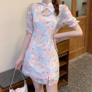 Short-sleeve Cutout Floral Qipao Dress