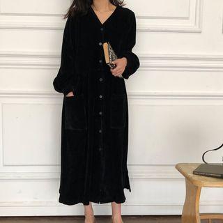 Balloon-sleeve V-neck Midi Dress