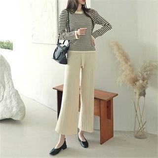 Set: Round-neck Striped Knit Top + Band-waist Wide-leg Pants