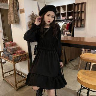 Round Neck Plain A-line Dress Black - One Size