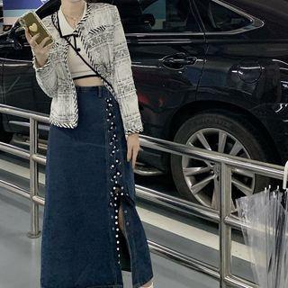 Denim Lace-up Slit Skirt / Long-sleeve Printed Jacket