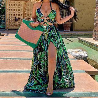 Halter-neck Print Cutout Maxi A-line Dress