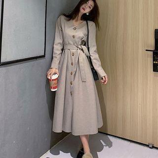 Long-sleeve Buttoned A-line Midi Dress Almond - One Size