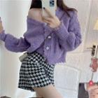 Plain Loose-fit Cardigan / Houndstooth High-waist Shorts