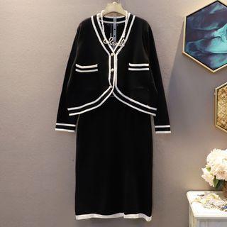 Set: Long-sleeve Buttoned Knit Top + Skirt