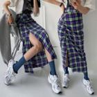 Slit-front Plaid Maxi Skirt