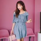 Spaghetti-strap Gathered-waist Floral Print Off-shoulder A-line Sheath Dress